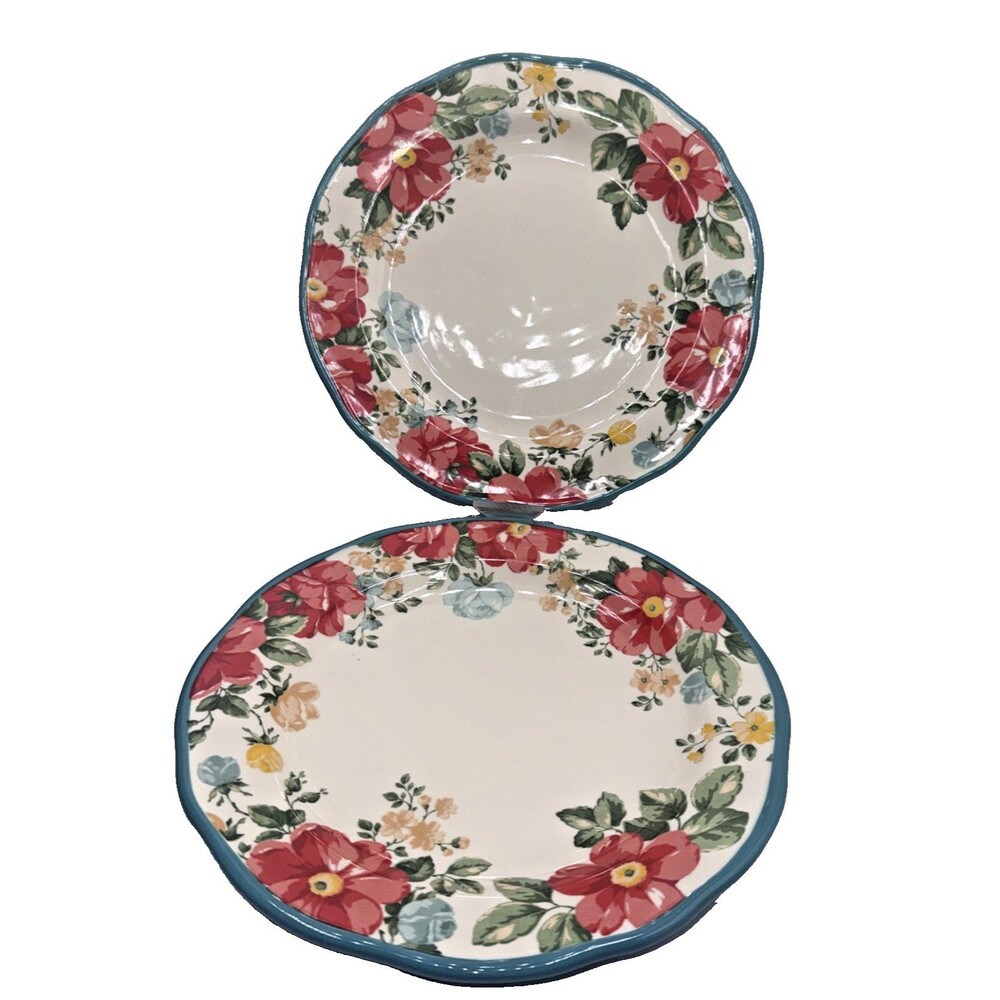 Pioneer Woman Vintage Style 2 Floral Turquoise Teal Stoneware Dinner Plates 10.5